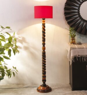 Ambika Home Windsor Spiral Red Shade Wooden Floor Lamp for Living Room, Bedroom, Hallway, Guest Room & Hotel Decor | Handcrafted Standing Lamp with E27 Holder