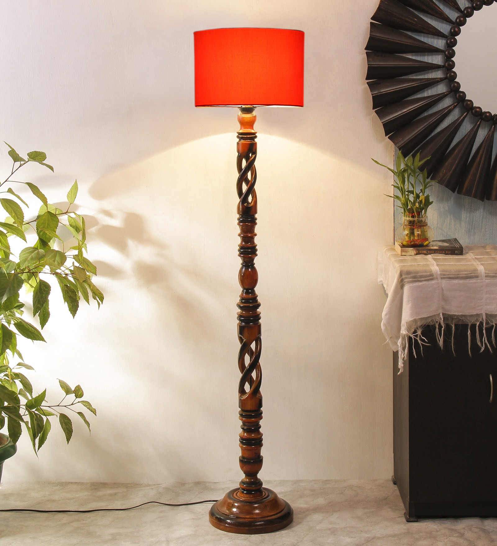 Ambika Home Rustic Regal Orange Shade Wooden Floor Lamp for Living Room, Bedroom, Hallway, Guest Room & Hotel Decor | Handcrafted Standing Lamp with E27 Holder