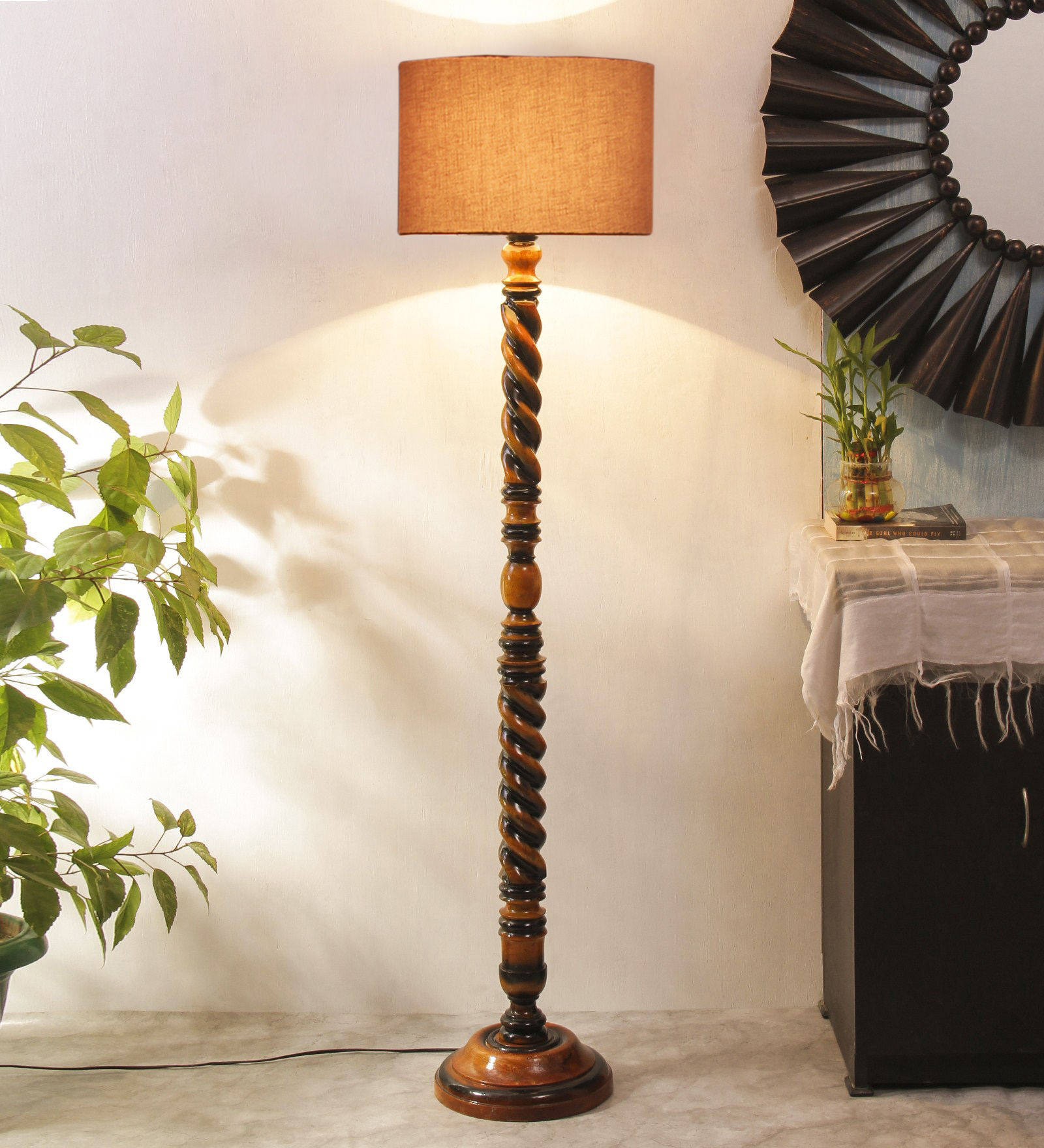 Ambika Home Classic Colonial Orange Shade Wooden Floor Lamp for Living Room, Bedroom, Hallway, Guest Room & Hotel Decor | Handcrafted Standing Lamp with E27 Holder