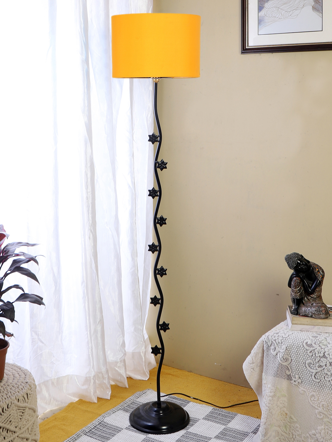 Ambika Home Opulent Haven Yellow Shade Premium Iron Floor Lamp with Iron Base & Powder Coated Finish | E27 Holder Included Bulb