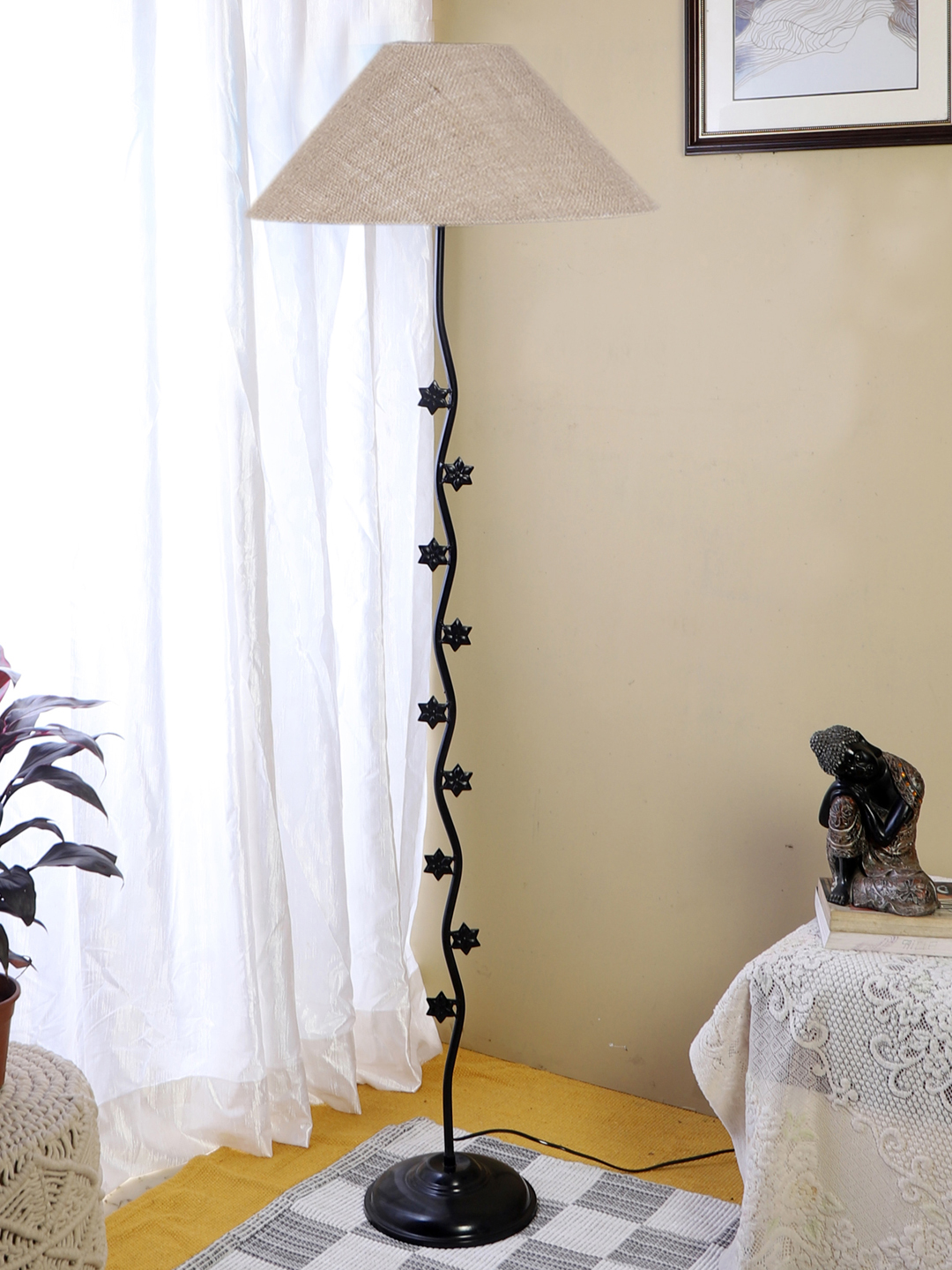 Ambika Home Noir Prestige Beige Shade Premium Iron Floor Lamp with Iron Base & Powder Coated Finish | E27 Holder Included Bulb