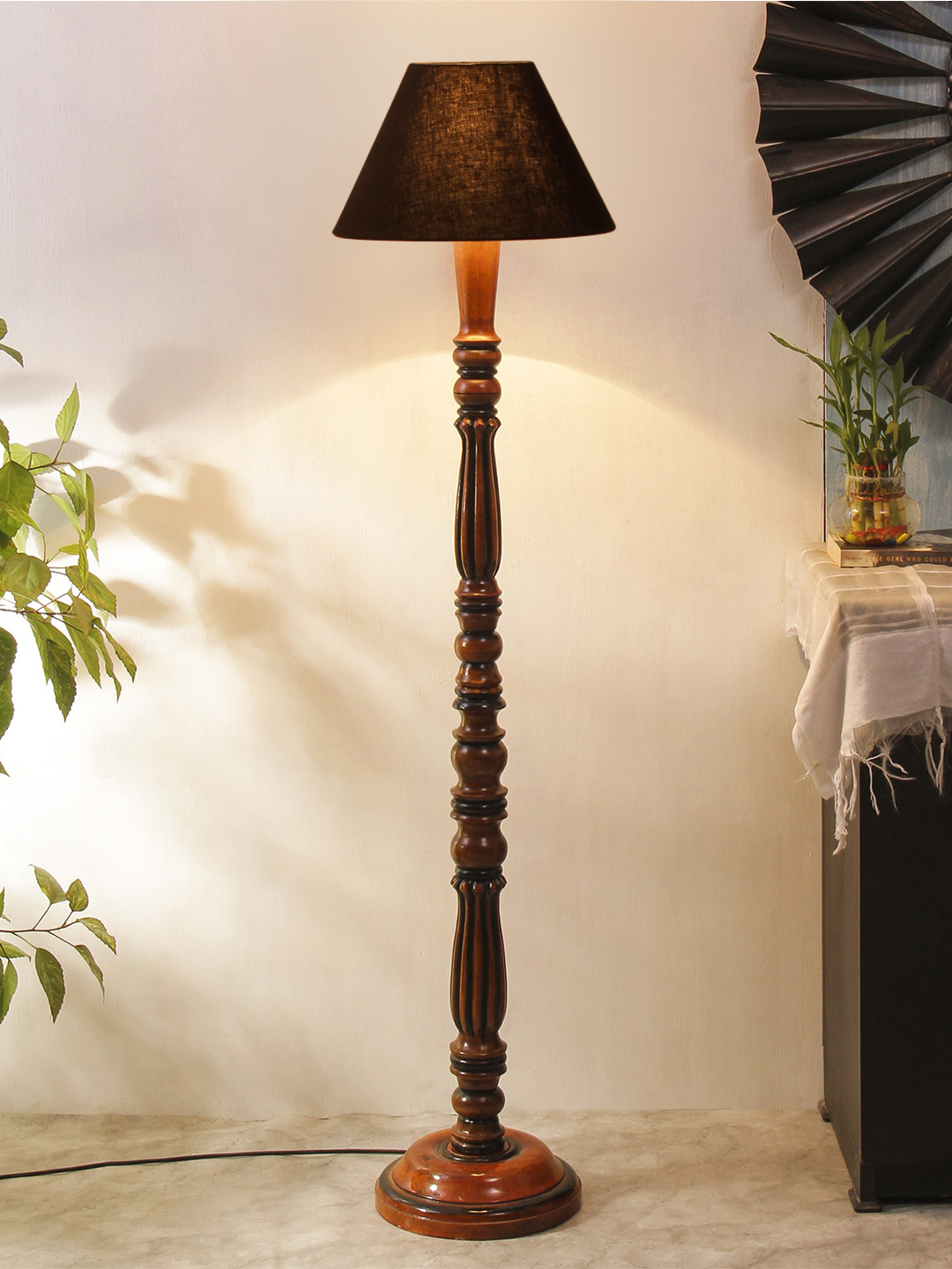 Ambika Home Conical Luxury Handcrafted Black Cotton Wooden Floor Lamp for Living Room & Reading Corner | Handcrafted Wood Floor Lamp with Black Cotton Shade for Living Room, Bedroom & Home Decor - Image 2