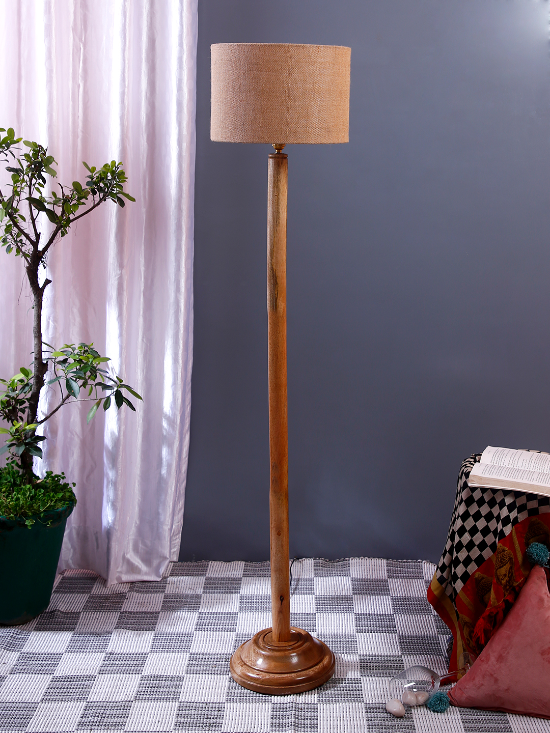 Ambika Home Beige Shade Wooden Floor Lamp for Living Room, Bedroom & Hallway | Premium Wood Standing Lamp | E27 Holder Included Bulb - Image 2