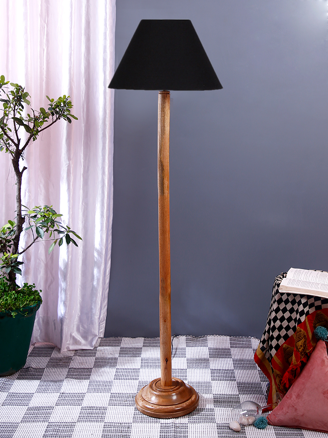 Ambika Home Black Shade Wooden Floor Lamp for Living Room, Bedroom & Hallway | Premium Wood Standing Lamp | E27 Holder Included Bulb - Image 2