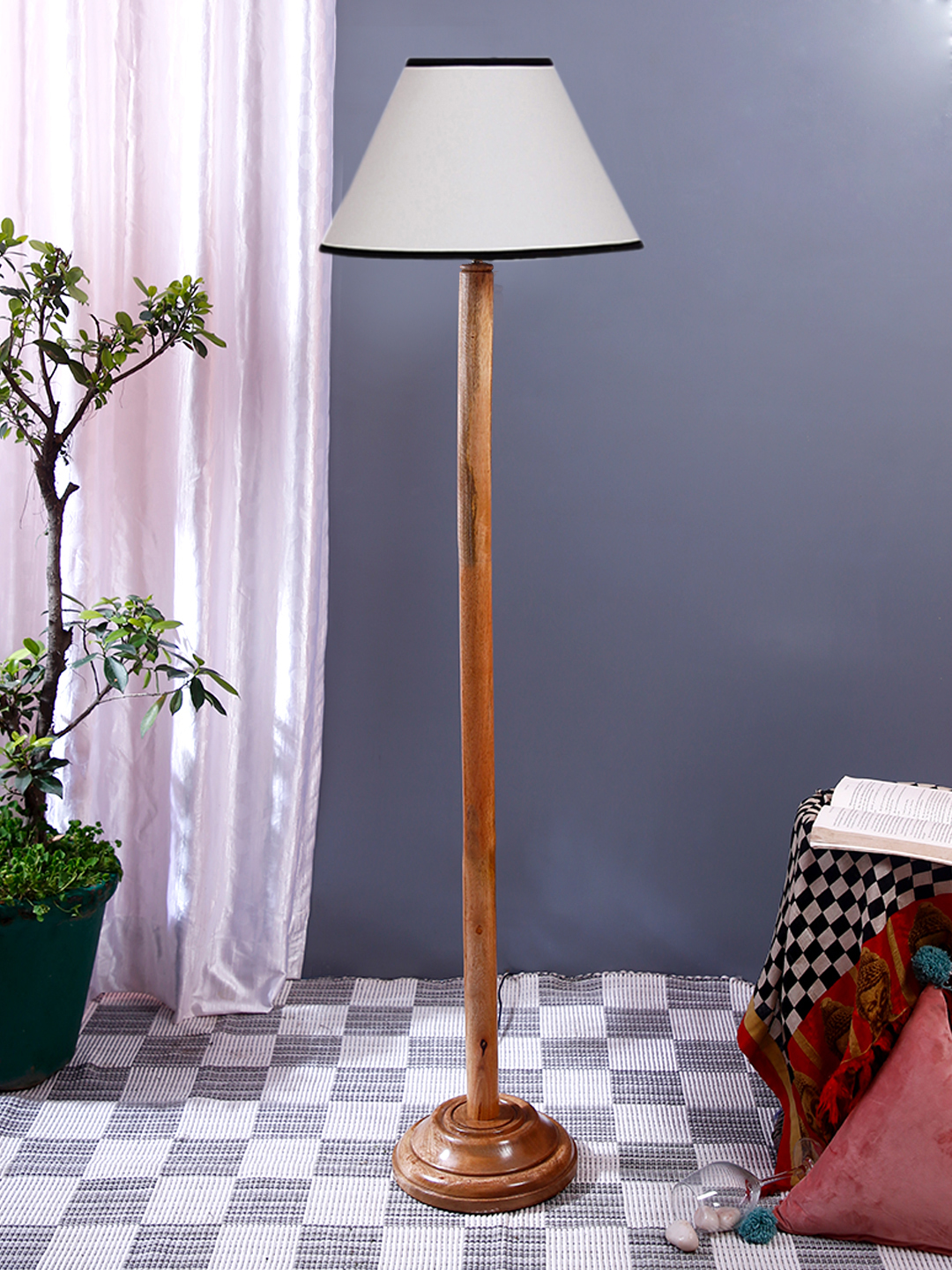 Ambika Home White Shade Wooden Floor Lamp for Living Room, Bedroom & Hallway | Premium Wood Standing Lamp | E27 Holder Included Bulb - Image 2