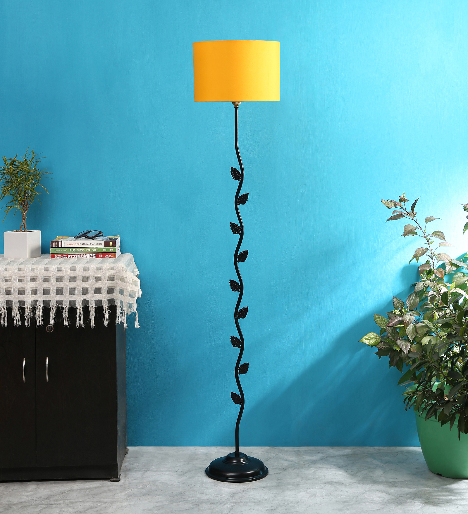 Ambika Home Iron Leaf Floor Lamp with Yellow Drum Shade, Powder Coated Metal Standing Lamp for Reading Corner, Bedroom & Luxury Interiors - Image 2