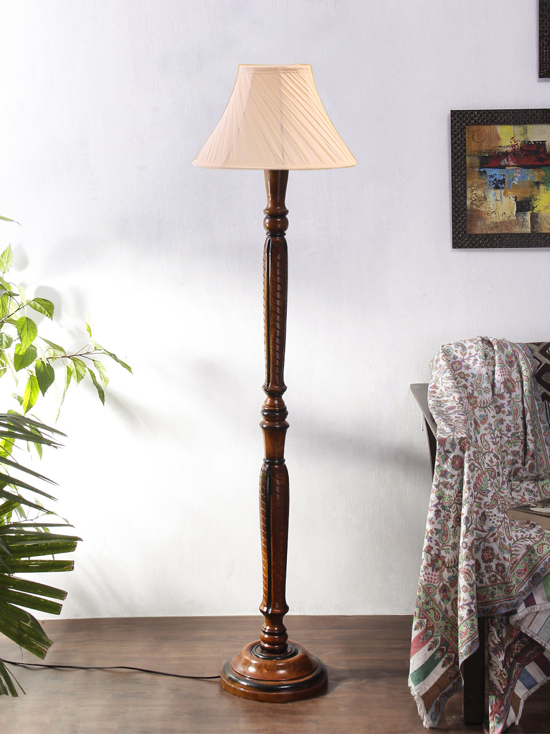 Ambika Home Elegant Premium Cross Pleated Solid Wood Floor Lamp for Modern Living Room | Handcrafted Wood Floor Lamp with Off-white Cotton Shade for Living Room, Bedroom & Home Decor - Image 3
