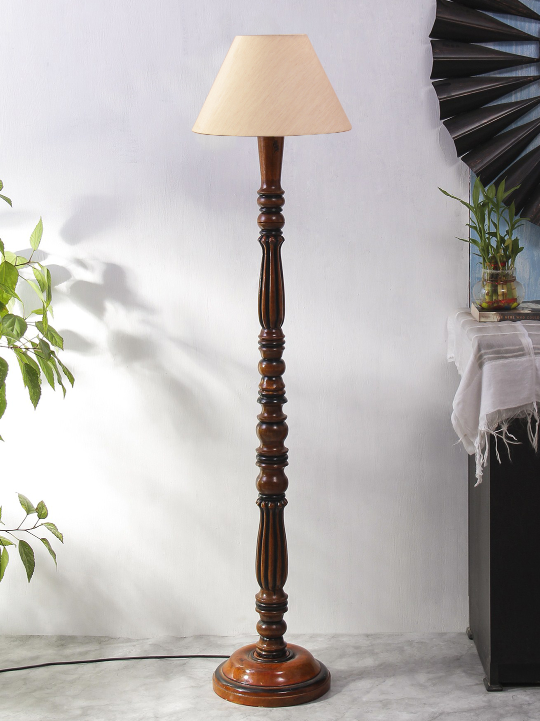 Ambika Home Conical Premium Solid Wood Off-White Cotton Floor Lamp for Elegant Living Room & Bedroom | Handcrafted Wood Floor Lamp with Off-white Cotton Shade for Living Room, Bedroom & Home Decor - Image 3