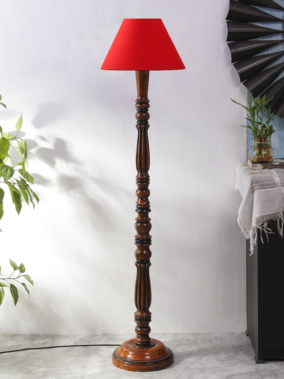 Ambika Home Conical Elegant Premium Red Cotton Solid Wood Floor Lamp for Modern Living Room | Handcrafted Wood Floor Lamp with Red Cotton Shade for Living Room, Bedroom & Home Decor - Image 3