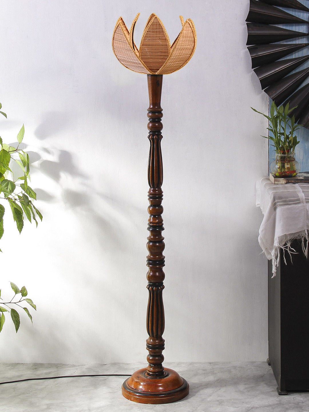 Ambika Home Luxury Cross Rose Bamaboo Handcrafted Wooden Floor Lamp for Home Décor | Handcrafted Wood Floor Lamp with Beige Bamboo Shade for Living Room, Bedroom & Home Decor - Image 3