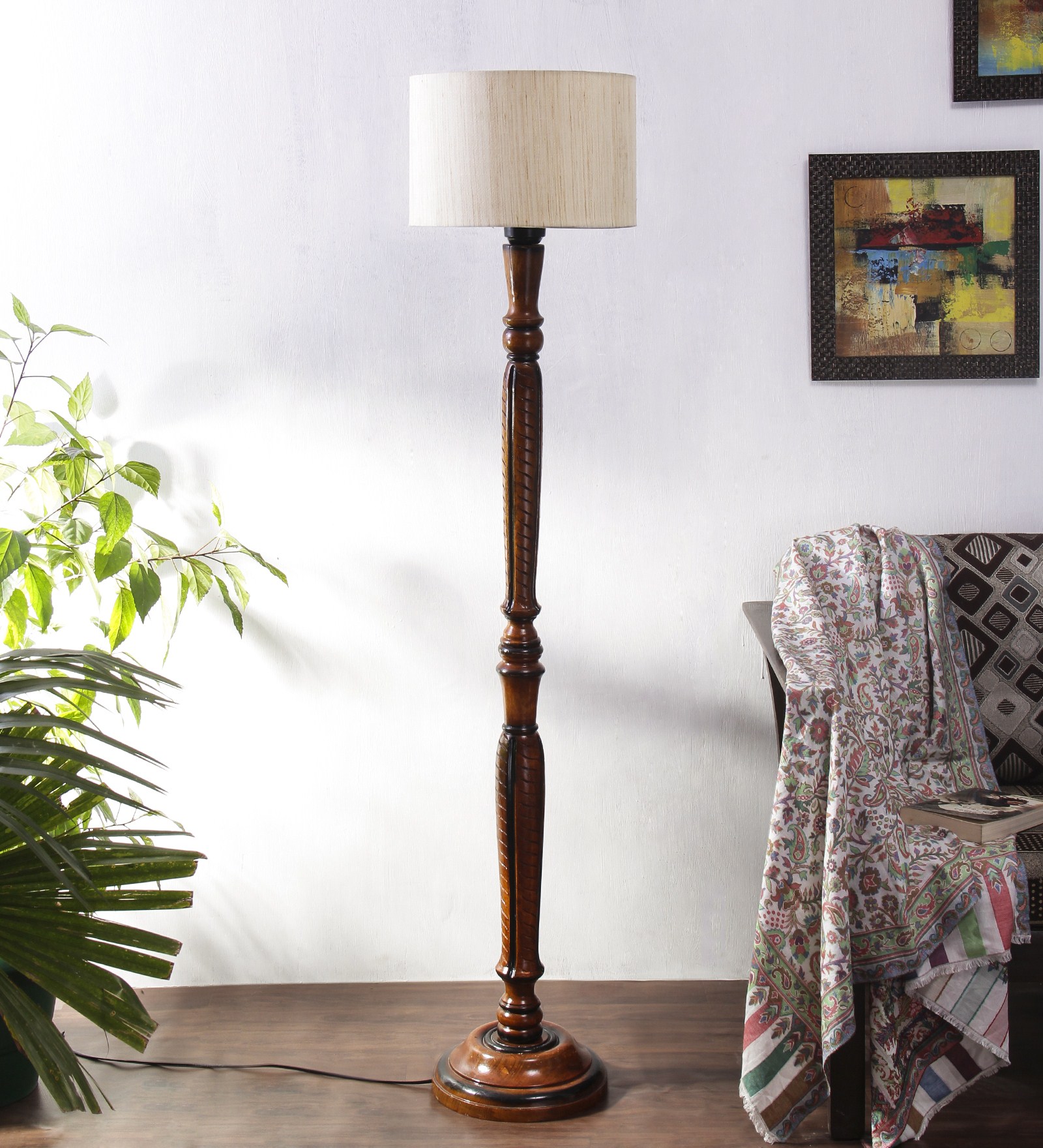 Ambika Home Premium Solid Wood Off-White Cotton Floor Lamp for Elegant Living Room & Bedroom | Handcrafted Wood Floor Lamp with Off-white Cotton Shade for Living Room, Bedroom & Home Decor - Image 3
