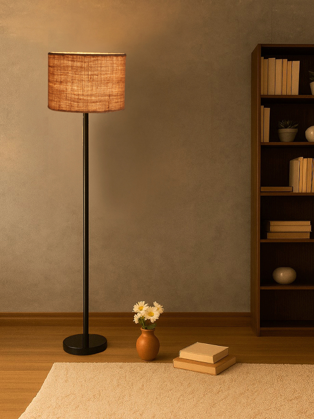 Ambika Home Beige Jute Drum shade with floor lamp with wood base Decorative Floor Lamp for Living Room, Bedroom & Office - Image 3
