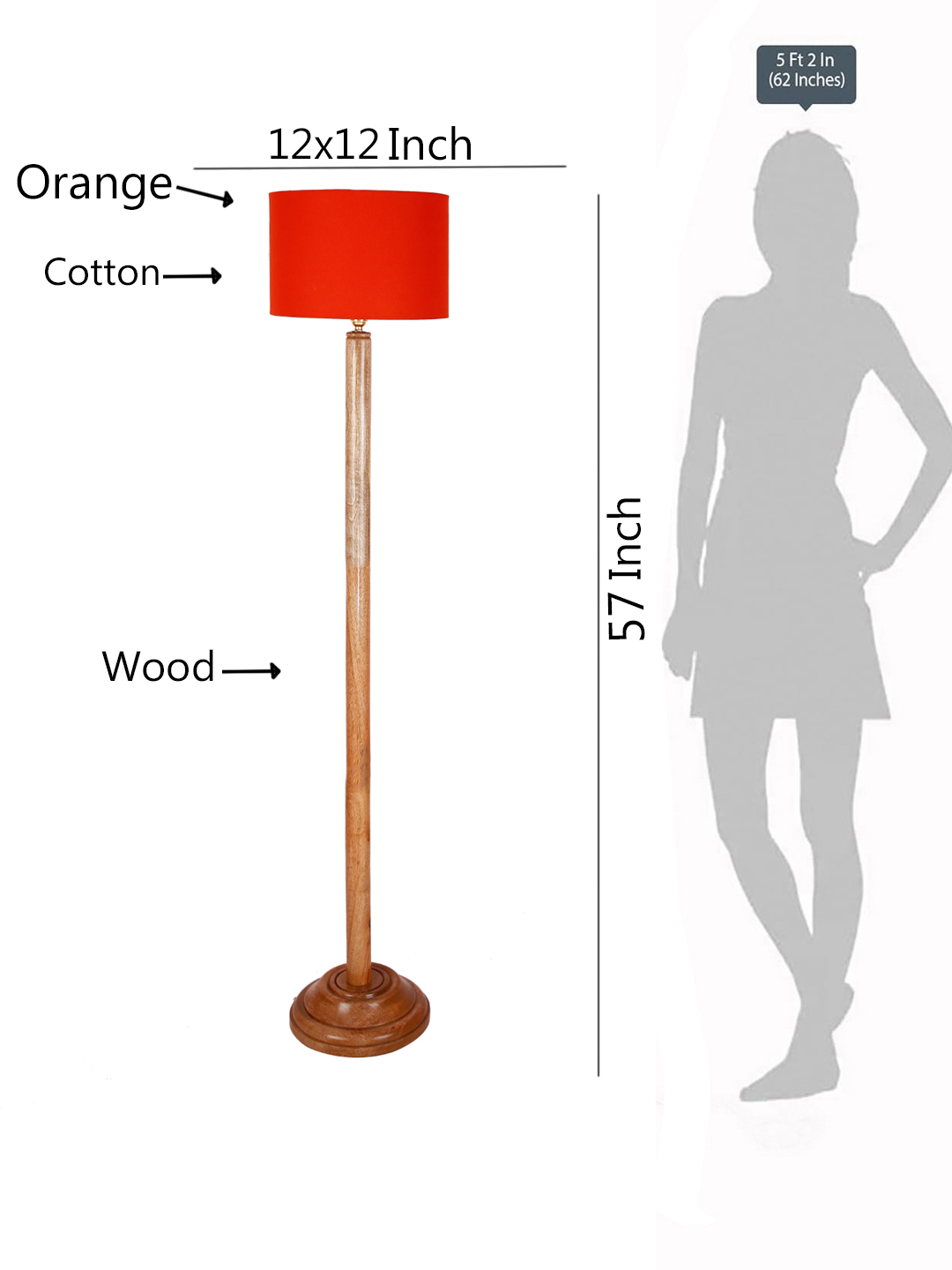 Ambika Home Orange Shade Wooden Floor Lamp for Living Room, Bedroom & Hallway | Premium Wood Standing Lamp | E27 Holder Included Bulb - Image 5