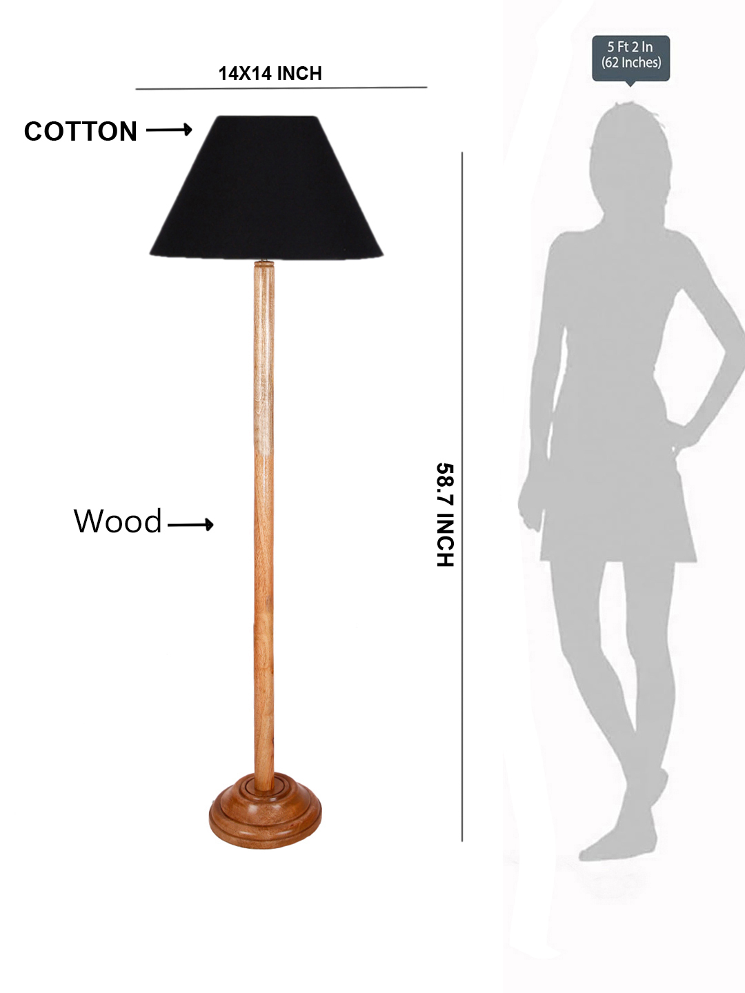 Ambika Home Black Shade Wooden Floor Lamp for Living Room, Bedroom & Hallway | Premium Wood Standing Lamp | E27 Holder Included Bulb - Image 5