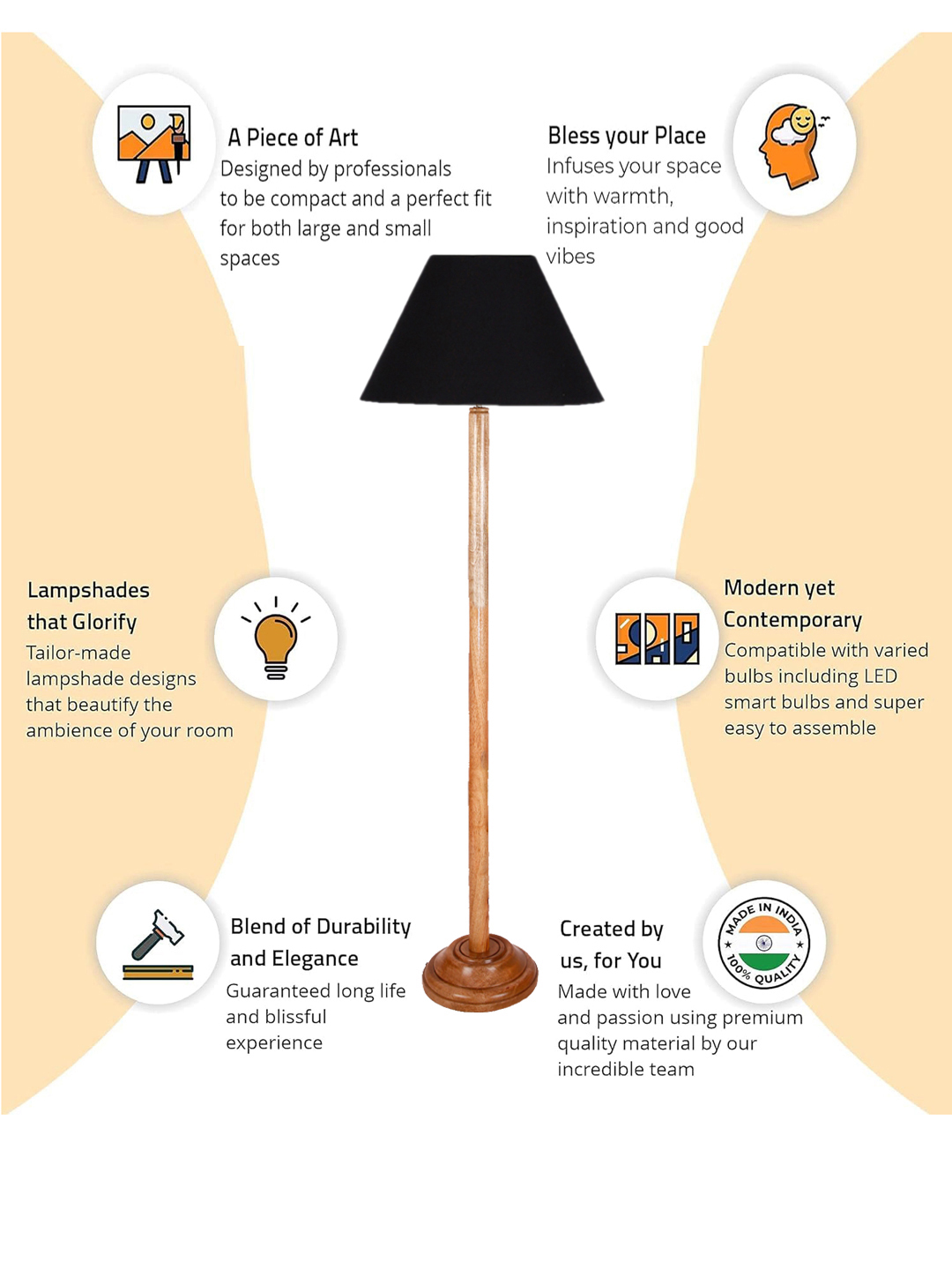 Ambika Home Black Shade Wooden Floor Lamp for Living Room, Bedroom & Hallway | Premium Wood Standing Lamp | E27 Holder Included Bulb - Image 6