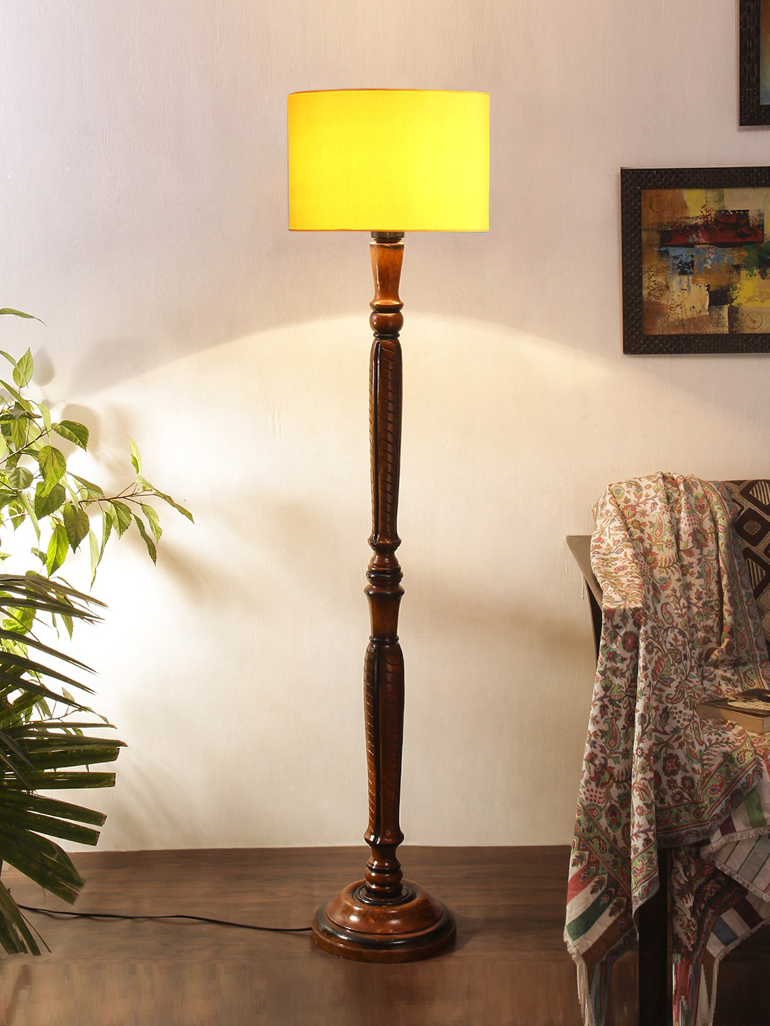 Ambika Home Sophisticated Yellow Cotton Solid Wood Floor Lamp for Living Room & Lounge | Handcrafted Wood Floor Lamp with Yellow Cotton Shade for Living Room, Bedroom & Home Decor - Image 2
