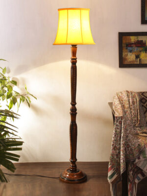 Ambika Home Premium Solid Wood  Cylindrical Yellow  Cotton  Floor Lamp for Elegant Living Room & Bedroom | Handcrafted Wood Floor Lamp with Off-white Cotton Shade for Living Room, Bedroom & Home Decor