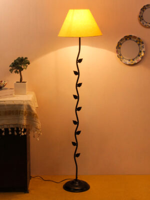 Ambika Home Iron Leaf Floor Lamp with Yellow Conical Shade, Powder Coated Metal Standing Lamp for Hallway, Hotel Lobby & Luxury Interiors