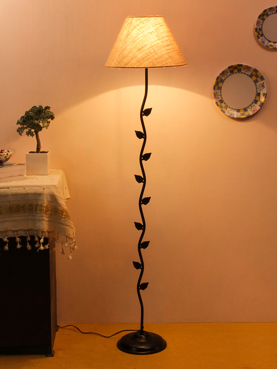 Ambika Home Iron Leaf Floor Lamp with Beige Jute Conical Shade, Powder Coated Metal Standing Lamp for Reading Corner, Bedroom & Luxury Interiors