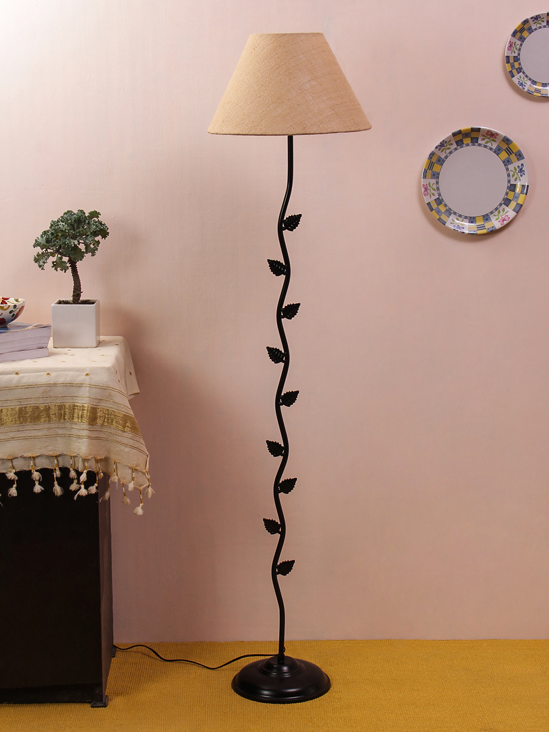Ambika Home Iron Leaf Floor Lamp with Beige Jute Conical Shade, Powder Coated Metal Standing Lamp for Reading Corner, Bedroom & Luxury Interiors - Image 2