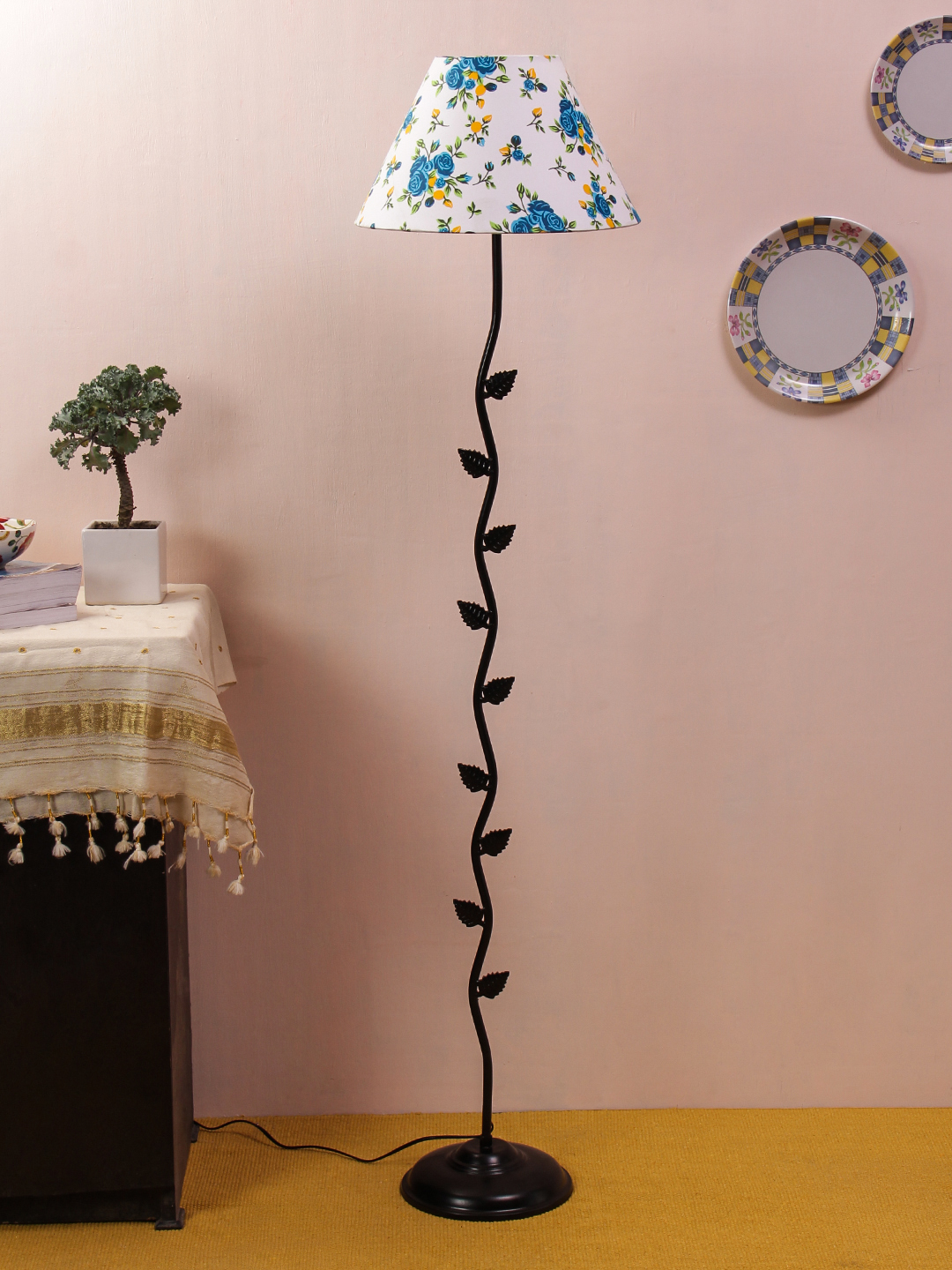 Ambika Home Iron Leaf Floor Lamp with Printed Cotton Conical Shade, Powder Coated Metal Standing Lamp for Hotel Lobby, Living Room & Luxury Interiors - Image 2