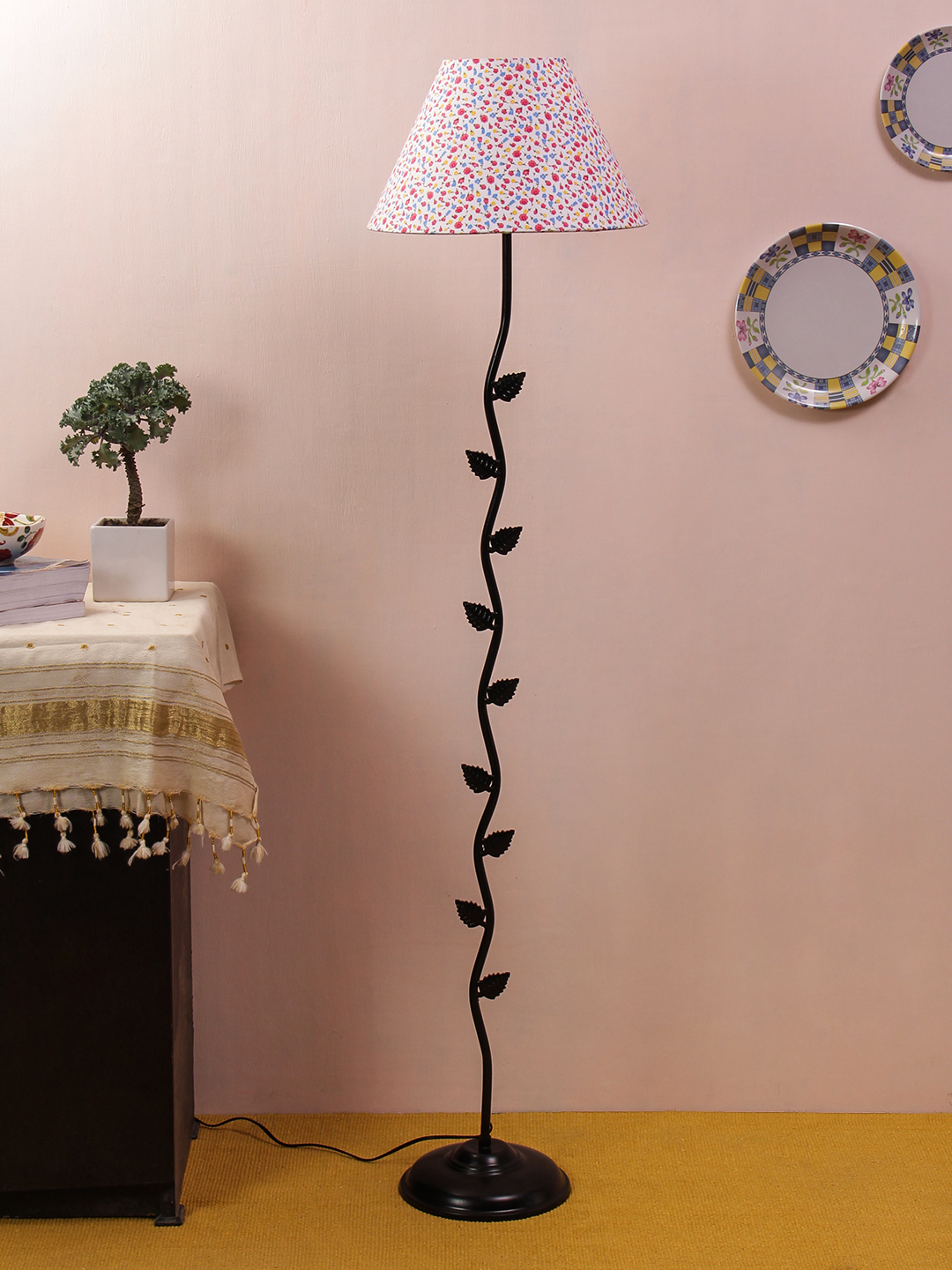 Ambika Home Iron Leaf Floor Lamp with Printed Cotton Conical Shade, Powder Coated Metal Standing Lamp for Living Room, Hallway & Luxury Interiors - Image 2