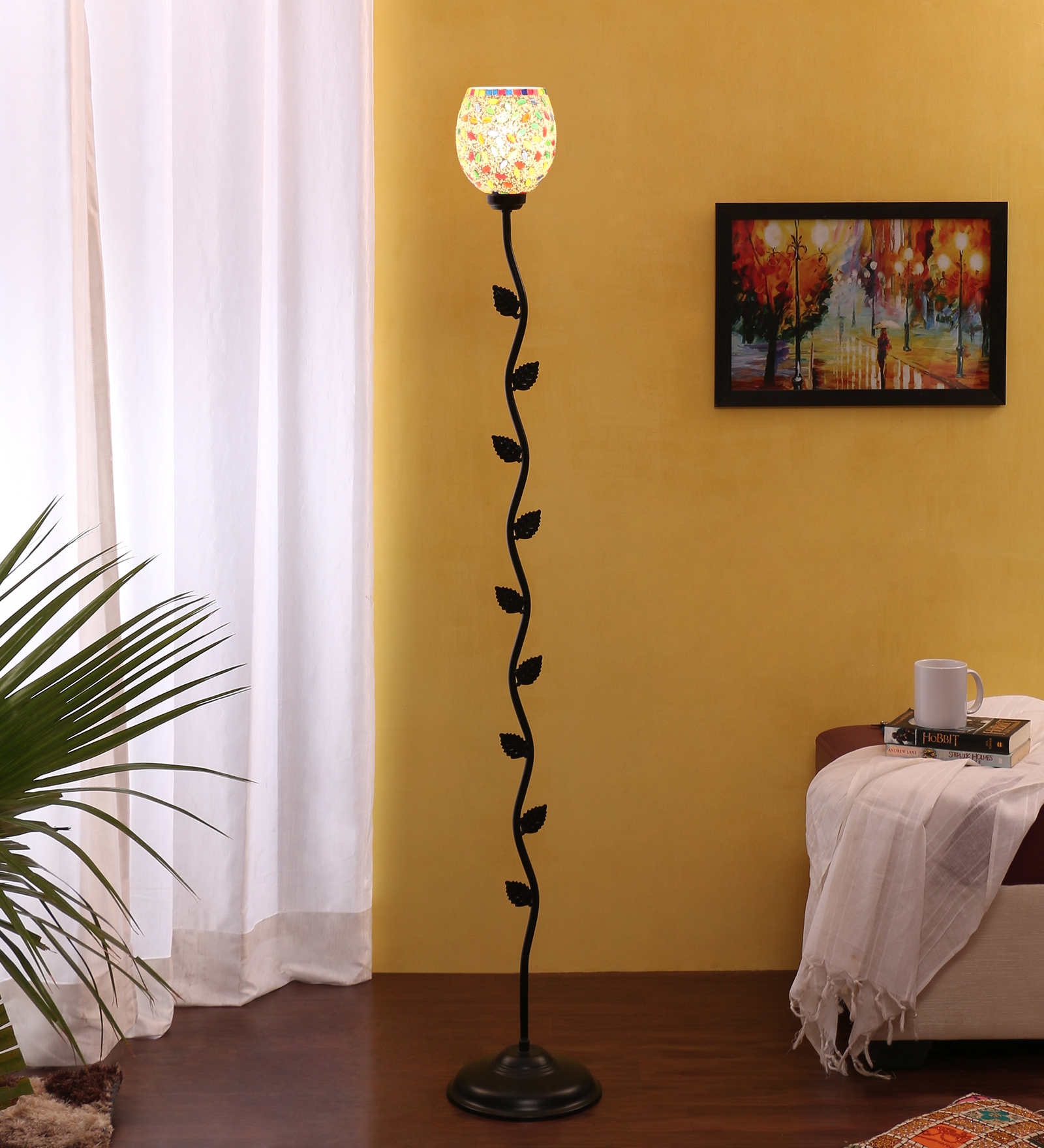 Ambika Home Mosaic glass leaf floor lamp | Premium Floor Lamp for Living Room, Bedroom, Hallway, Hotel & Guest Room Decor