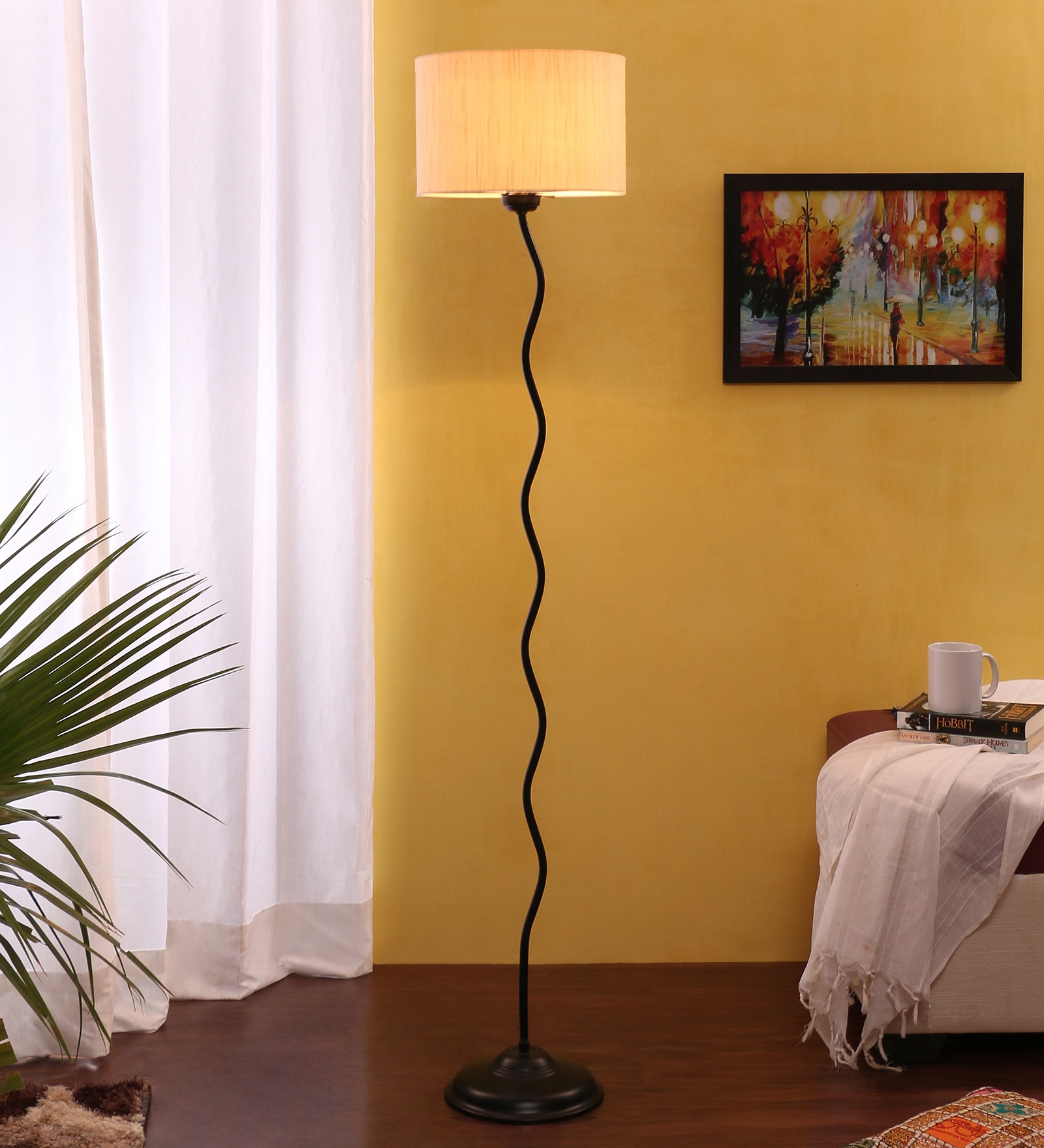 Ambika Home off-white Cotton Zig Zag Floor Lamp | Modern Standing Lamp for Living Room, Bedroom & Home Decor