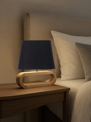 Ambika Home Black cotton Oval Table Lamp with Natural Wood Base | Bedside, Living Room & Study Lamp | E27 Compatible