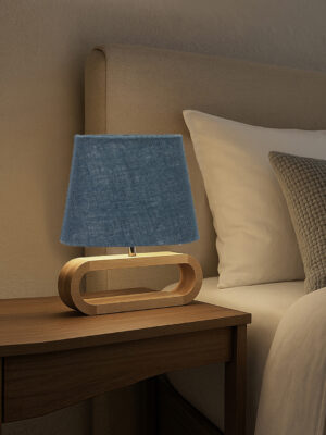 Ambika Home Blue Jute Oval Table Lamp with Natural Wood Base | Bedside, Living Room & Study Lamp | E27 Compatible