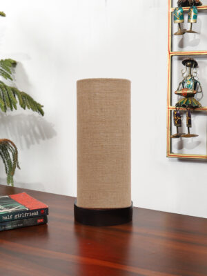 Ambika Home Wooden Table Lamp | Black Wood Base | Beige Jute  Shade | Bedside Lamp for Bedroom, Living Room, Office, Hotel | E27 Holder