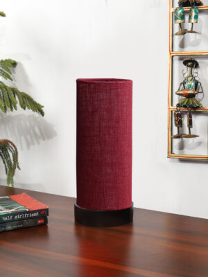 Ambika Home Wooden Table Lamp | Black Wood Base | Maroon  Jute  Shade | Bedside Lamp for Bedroom, Living Room, Office, Hotel | E27 Holder