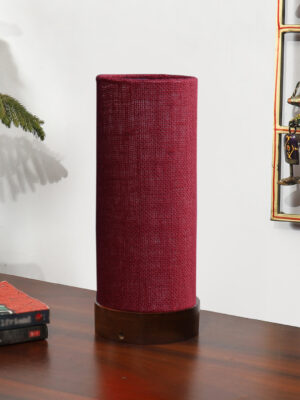 Ambika Home Wooden Table Lamp | Brown Wood Base | Maroon  Jute  Shade | Bedside Lamp for Bedroom, Living Room, Office, Hotel | E27 Holder