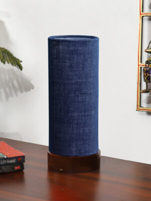 Ambika Home Wooden Table Lamp | Brown Wood Base | Blue  Jute  Shade | Bedside Lamp for Bedroom, Living Room, Office, Hotel | E27 Holder