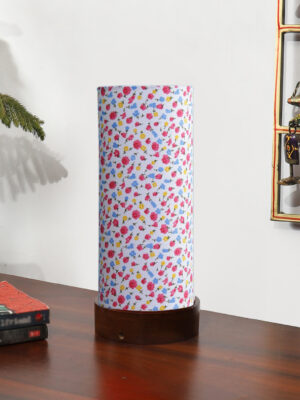 Ambika Home Wooden Table Lamp | Brown Wood Base | Multicolor Cotton  Shade | Bedside Lamp for Bedroom, Living Room, Office, Hotel | E27 Holder