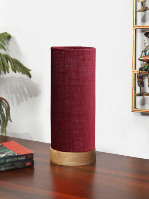 Ambika Home Wooden Table Lamp | Natural Wood Base | Maroon  Jute  Shade | Bedside Lamp for Bedroom, Living Room, Office, Hotel | E27 Holder