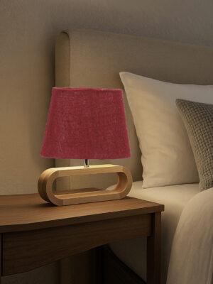 Ambika Home Maroon Jute Oval Table Lamp with Natural Wood Base | Bedside, Living Room & Study Lamp | E27 Compatible