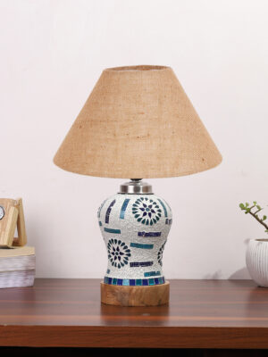 Ambika Home Beige Jute Mosaic Glass Table Lamp | Decorative Bedside Lamp for Bedroom, Living Room, Hall, Hotel, Café, Restaurant, Office & Study Room | E27 Compatible