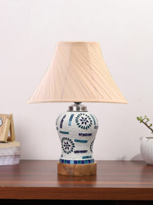 Ambika Home off-white Cotton Mosaic Glass Table Lamp | Decorative Bedside Lamp for Bedroom, Living Room, Hall, Hotel, Café, Restaurant, Office & Study Room | E27 Compatible