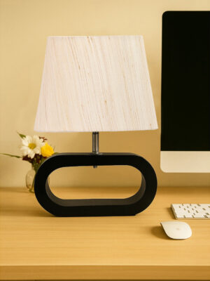 Ambika Home off-white cotton Oval Table Lamp with Black Wood Base | Bedside, Living Room & Study Lamp | E27 Compatible