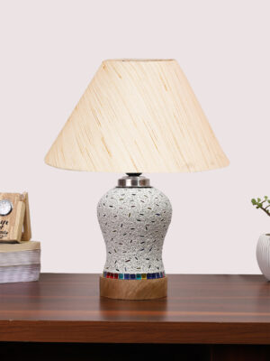 Ambika Home off-white Cotton Mosaic Glass Table Lamp | Decorative Bedside Lamp for Bedroom, Living Room, Hall, Hotel, Café, Restaurant, Office & Study Room | E27 Compatible