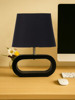 Ambika Home Black cotton Oval Table Lamp with Black Wood Base | Bedside, Living Room & Study Lamp | E27 Compatible