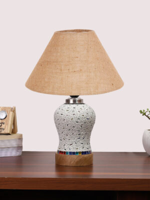Ambika Home Beige Jute Mosaic Glass Table Lamp | Decorative Bedside Lamp for Bedroom, Living Room, Hall, Hotel, Café, Restaurant, Office & Study Room | E27 Compatible
