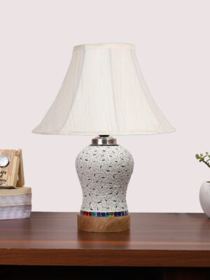 Ambika Home off-white Cotton Mosaic Glass Table Lamp | Decorative Bedside Lamp for Bedroom, Living Room, Hall, Hotel, Café, Restaurant, Office & Study Room | E27 Compatible