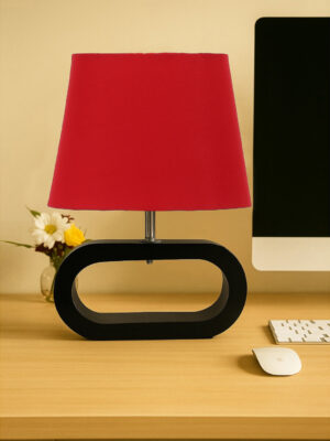 Ambika Home Red cotton Oval Table Lamp with Black Wood Base | Bedside, Living Room & Study Lamp | E27 Compatible