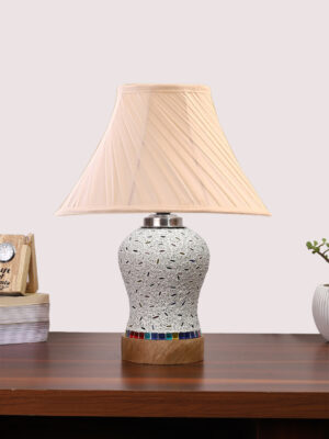 Ambika Home off-white Cotton Mosaic Glass Table Lamp | Decorative Bedside Lamp for Bedroom, Living Room, Hall, Hotel, Café, Restaurant, Office & Study Room | E27 Compatible