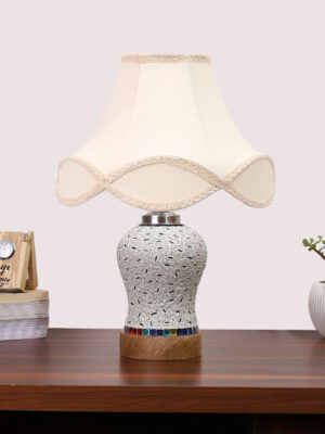 Ambika Home off-white Cotton Mosaic Glass Table Lamp | Decorative Bedside Lamp for Bedroom, Living Room, Hall, Hotel, Café, Restaurant, Office & Study Room | E27 Compatible