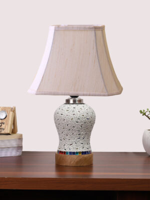 Ambika Home off-white Jute Mosaic Glass Table Lamp | Decorative Bedside Lamp for Bedroom, Living Room, Hall, Hotel, Café, Restaurant, Office & Study Room | E27 Compatible