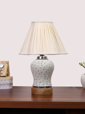 Ambika Home off-white Cotton Mosaic Glass Table Lamp | Decorative Bedside Lamp for Bedroom, Living Room, Hall, Hotel, Café, Restaurant, Office & Study Room | E27 Compatible