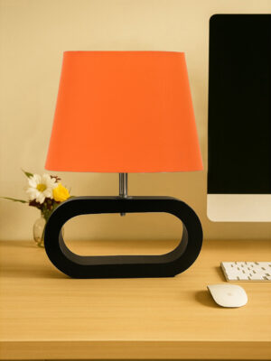 Ambika Home Orange cotton Oval Table Lamp with Black Wood Base | Bedside, Living Room & Study Lamp | E27 Compatible